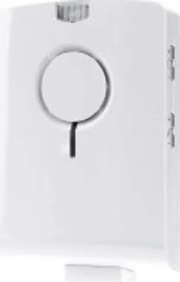 A white doorbell chime unit is shown against a white background.