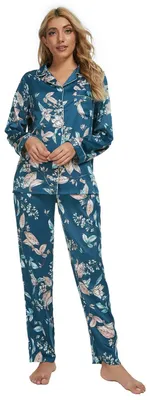 Obrázok produktu pre Inovra – Pyžamo pre dámy – Kvetinový vzor – Dlhý rukáv – Mäkký polyester – Zapínanie na gombíky – Pohodlné na nosenie doma – Nočná bielizeň
