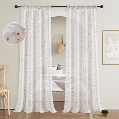 Produktbild von 2 Stück Vorhänge Leinenoptik Halbtransparent Voile mit Pompon Stangentasche Gardinen für Wohnzimmer Schlafzimmer Kinderzimmer, B132xH213cm