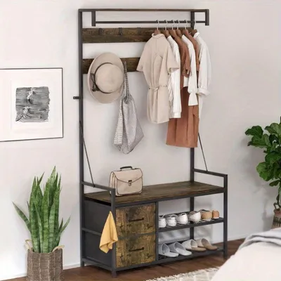 Imagen del producto de Perchero industrial con banco y zapatero, fabricado en metal de color marrón industrial