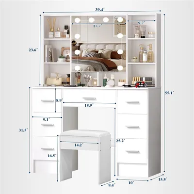 Productafbeelding van Make-up tafel set - Make-up tafel met krukje - 7 lades - Spiegel met LED-verlichting - 10 LED-lampjes - Veel opbergruimte - Wit