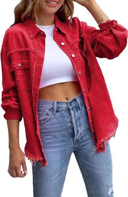Produktbild von ASKSA Damen Jeansjacke Ripped Vintage Denim Jacken Laessige Boyfriend Jeansjacken Jean Mantel, Rot, M