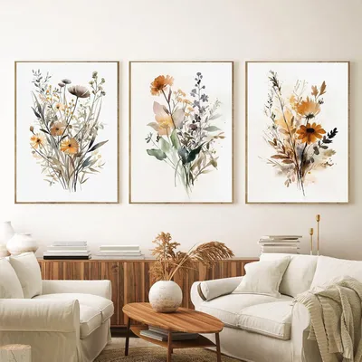 Productafbeelding van Set van 3 posters met gouache-bloemen, geschikt voor aan de muur, zonder lijst, formaat 50x70 cm