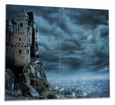 Produktbild von Wallario Herdabdeckplatte aus Glas, Größe 60 x 52 cm 2-teilig, Motiv Altes Geisterschloss