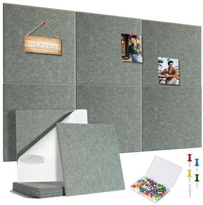 Produktbild von Filz-Pinnwand 90 x 60 cm - Set mit 6 selbstklebenden Korktafeln 30 x 30 cm und 100 Pins, dunkelgrau