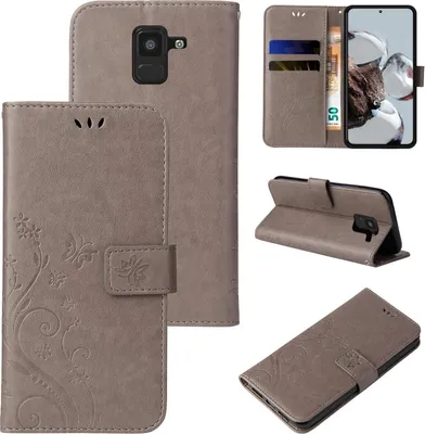 Produktbild von Handyhülle für Samsung Galaxy A8 (2018) Floral Blumen Schmetterling Flip Cover Hülle Case Klapphülle Handytasche Farbe: Grau