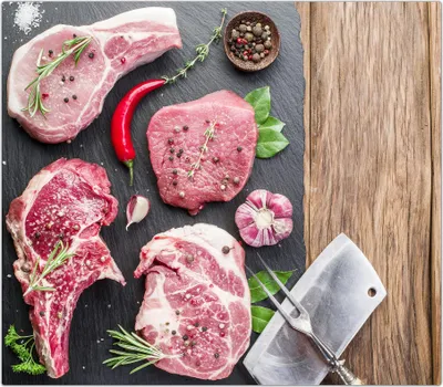 Produktbild von Spritzschutz Herdabdeckplatte Schneidebrett aus Glas Fleisch und Chilli 1-Teilig (60x52cm)