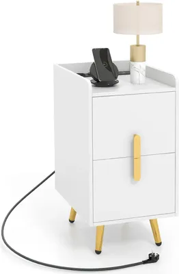 Produktbild von Nachttisch - Nachtkommode mit Ladefunktion - 2 Schubladen - USB-Anschlüsse - Metallbeine - Schmal - Holz - Weiß