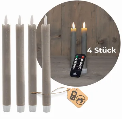 Produktbild von Stabkerzen LED mit Timer TAUPE GRAU 4 Stück indoor 6 Stunden - ECHTWACHS 18cm Höhe für Kerzen 2,2cm Durchmesser 2 AAA Batterien notwendig LED Stabkerzen flackernde Flamme bewegliche Flamme Licht