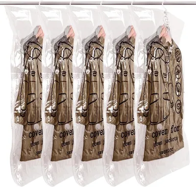 Produktbild von Famanu Vakuumverpackungen für Kleidung - 5 Stück - hängende Vakuumverpackungen mit Kleiderhaken - 80% Platzersparnis - Schrankorganizer für