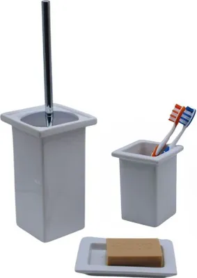 Produktbild von 3tlg Set Bad Accessoires WC Bürste Seifenschale Zahnbürstenhalter Minnesota Weiß