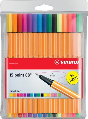 Obrázok produktu pre Fineliner - STABILO point 88 - balenie 15 kusov - 15 rôznych farieb vrátane 5 neónových farieb