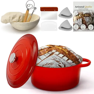 Immagine prodotto di Pentola in ghisa con coperchio, diametro 26 cm, colore rosso, inclusa cesta per lievitazione, capacità 5,0 litri