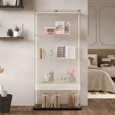 Zdjęcie produktu dla UnboxG Szklana gablota Stojąca gablota 4-warstwowa gablota Nowoczesna szklana gablota z zamkiem i 2 drzwiami, oświetlenie LED, szklana gablota Gablota na kolekcje Gablota na książki Gablota na wino