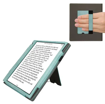Produktbild von kwmobile Hülle kompatibel mit Pocketbook InkPad Eo / Bigme InkNote Color+ Hülle - Flip Case mit Handschlaufe - Kunstleder Cover - Mintgrün Dunkelgrau