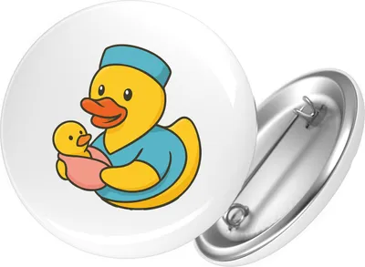 Produktbild von Huuraa Button Quietscheente Hebamme Comic Gummiente 25mm rund mit Sicherheitsnadel Ansteckbutton Geschenkidee