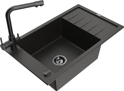 Produktbild von Mexen Elias 1 Becken-Granitspüle mit Abtropffläche und Mischbatterie Duero, Schwarz/Gold metallisch - 6511-75-671600-70-B