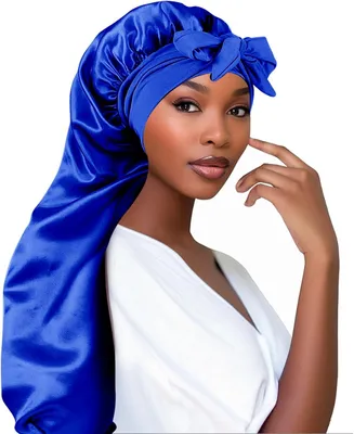 Produktbild von Extra Lange Satin Bonnet, Verstellbare Braid Bonnet mit Bindeband, Doppel-Lagig, Blau, für Zöpfe