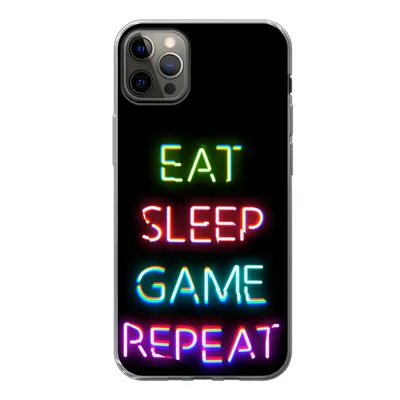 Produktbild von MuchoWow® Handyhülle Schutzhülle Hülle für iPhone 12 Pro Max Gaming - Led - Zitat - Eat sleep game repeat - Gaming Silikon Softcase Handy Hülle - Hartschale