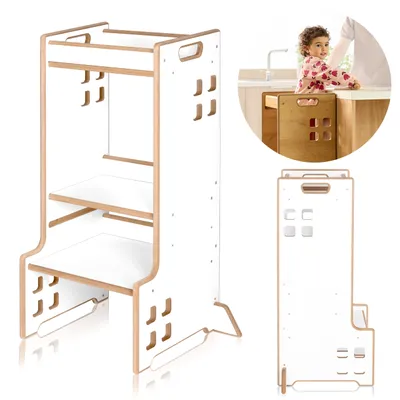 Immagine prodotto di Lionelo Cass 2in1 aiutante di cucina e libreria per bambini, attiva il bambino e promuove lo sviluppo, concetto Montessori, 3 altezze di piattaforma - Bianco