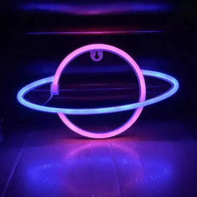 Produktbild von NEON LED Licht, dekorative USB Batterie Leuchte, Planet pink blau, ca. 30 x 17,5 cm
