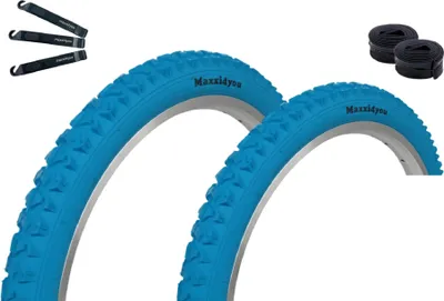 Obrázok produktu pre Maxxi4you 2 x bicyklové pneumatiky HY-A109 v modrej farbe 57-559 (26" x 2,125) + 2 x vhodné duše AV vrátane montážnych páčok maxxi4you