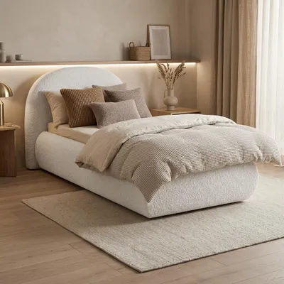 Produktbild von BEAUTYSOFA | Polsterbett MOTTI 90x200 cm - Einzelbett mit Bettkasten und gepolstertem Kopfteil - Bouclé Creme