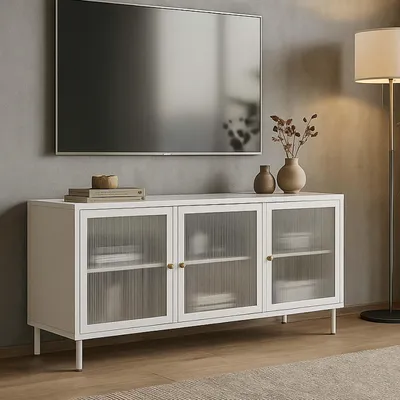 Immagine prodotto di Porta TV HWC-O87, mobile TV ribassato credenza porte scomparti industriali metallo canna vetro 58x120x40cm ~ bianco