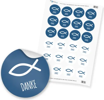 Produktbild von 24x Sticker Fisch Danke (Motiv 33) 4cm Aufkleber Taufe Kommunion Konfirmation