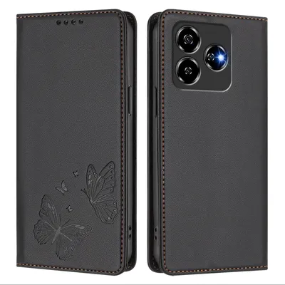 Obrázek produktu pro Kožené pouzdro pro ZTE Axon 60/Blade V60/nubia V60, motýlí ražbou, peněženkové flip pouzdro se stojánkem Černá