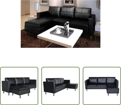 Produktbild von The Living Store L-förmiges Sofa 3-Sitzer Kunstleder Schwarz