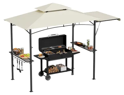 Produktbild von QEENTOE Grillpavillon mit Seitenmarkise, Doppeldach, 2 Seitenregalen & Haken, wasserfeste Grillüberdachung, 245x141x253cm, Beige