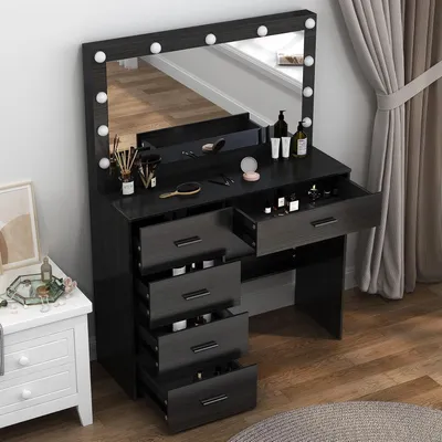Immagine prodotto di Comò con specchio - Tavolino da trucco - Ideale per il trucco - Illuminazione regolabile - 80 x 131 cm - Nero