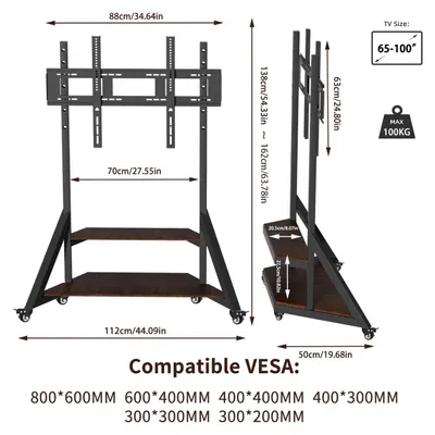 Productafbeelding van TV-vloerstandaard - Model U-Z1188-RBS - Geschikt voor televisies van 165–254 cm - Hoogte verstelbaar van 138–168 cm - Met plateaus - Op wielen - Draagvermogen 100 kg - Zwart