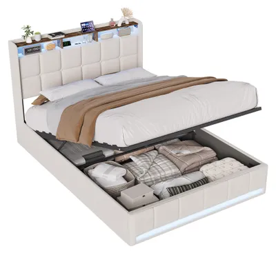 Productafbeelding van Moonbite bed met opbergruimte, 160x200 cm, linnen, beige, met LED-verlichting en hydraulische lade, USB- en Type-C-aansluitingen, verlicht tweepersoonsbed
