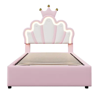 Obrázek produktu pro Abrihome dětská postel 90x200 cm postel pro princezny s LED osvětlením, čalouněná postel s čelem ve tvaru koruny, růžová barva