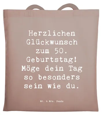 Produktbild von Mr. & Mrs. Panda Uni Tasche Spruch 50. Geburtstag Freude - Braun Pastell - Geschenk, Shopping, Schultasche, Tragetasche, Einkaufstüte, Liebe und Wertschätzung, Tote Bag