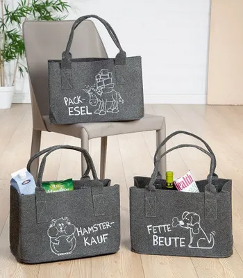 Immagine prodotto di GILDE Borsa, rettangolare, "Smart Shopping", motivo asino, motivo cane, scritte, feltro, grigio scuro, , 3 pezzi come mostrato, L. 25 cm, L. 40 cm, H. 26 cm 42666