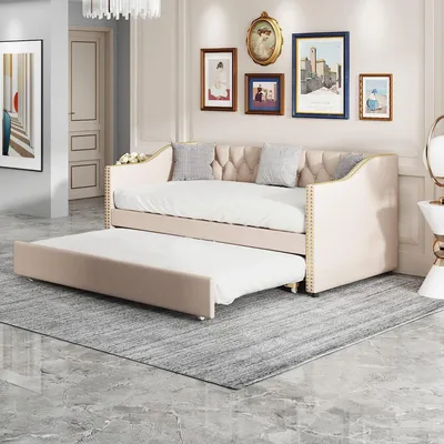 Produktbild von Fortuna Lai Polsterbett 90 x 200 cm, Funktionsbett, Kinderbett, Tagesbett, Schlafsofa, mit 2 Schubladen und Ausziehbett, für Wohnzimmer, Leinen (Beige)