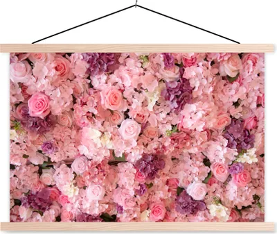 Produktbild von MuchoWow® Textilposter Blumen - Rosa - Rosen 120x80 cm mit holzfarbenen Rahmen - Aufhängeset