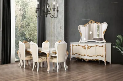 Image de Set complet table à manger + 6 chaises salle à manger groupe de bois bahut+miroir 9pcs