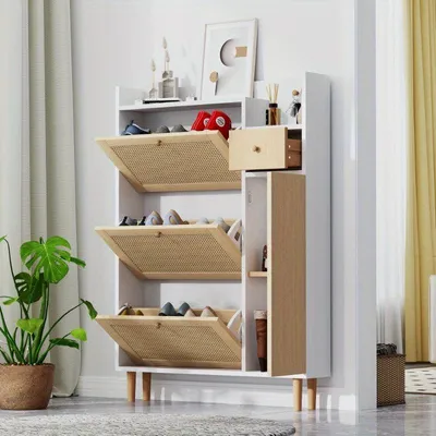 Image de Armoire à chaussures – Rangement à chaussures – Étagère à chaussures – Meuble d'entrée – Armoire en rotin avec 3 portes – 90x125x17 cm