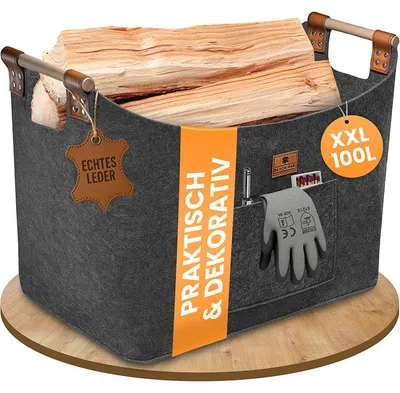 Produktbild von BLACK OAK MONTANA XXL Holzkorb 100L Filzkorb Grau mit Echtleder & Fronttasche, KI-generiertes Bild