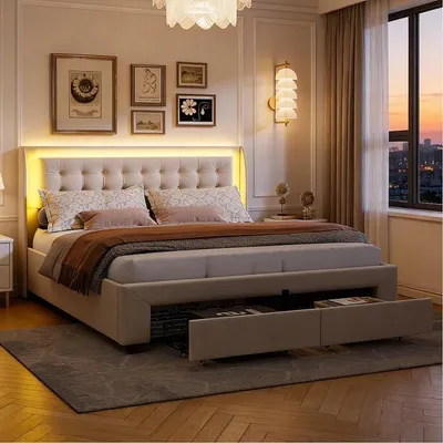 Produktbild von Polsterbett 180x200 mit Stauraum, Doppelbett mit LED, Jugendbett mit 2 Schubladen, Funktionsbett, Bettgestell mit Lattenrost, Samt (Beige, 180 x 200 cm)