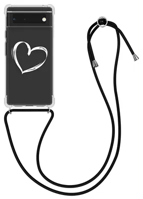 Produktbild von kwmobile Necklace Case kompatibel mit Google Pixel 6 Hülle - Silikon Cover mit Handykette - Weiß Transparent Herz Brush