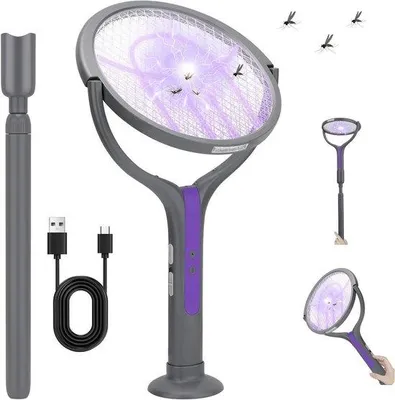 Image de Tapette à mouches électrique avec tête pivotante et manche télescopique, noire, rechargeable