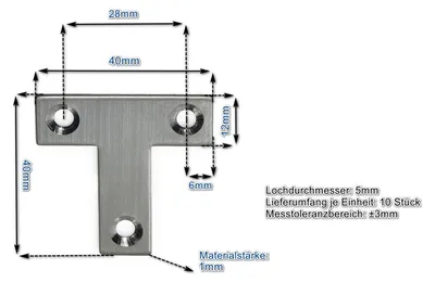 Produktbild von Edelstahl T-Verbinder 40x40x12mm (VE 10 Stück) Lochwinkel Montagewinkel Möbelbefestigung