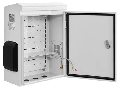 Image de Boîtier électrique extérieur, en acier laminé à froid, boîtier de connexion électrique avec thermostat et ventilateur, capot de protection contre la pluie, conception ventilée, boîtier étanche IP65 avec charnière, à fixer au mur ou à un poteau, dimensions : 500 x 400 x 200 mm