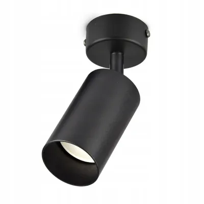 A black metal spotlight is mounted on a white ceiling.
