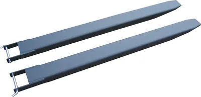 A pair of gray forklift extensions on a white background.
